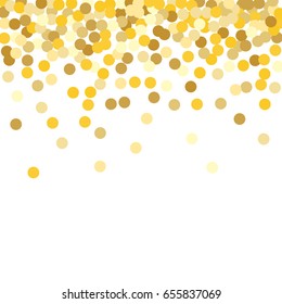 Gold background. Yellow and gold circles on white background. Vector colorful round confetti splash isolated on white background. Circles confetti fall from top to bottom. Postcard design.
