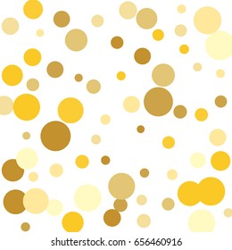 Gold background. Yellow and gold circles on white background. Vector colorful round confetti splash isolated on white background. Circles confetti fall from top to bottom. Postcard design.