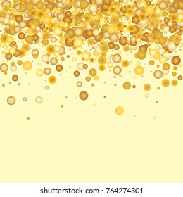 Gold background. Yellow and gold circles on white background. Vector colorful round confetti splash isolated on white background. Circles confetti fall from top to bottom. Postcard design.