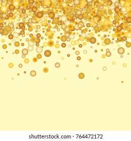 Gold background. Yellow and gold circles on white background. Vector colorful round confetti splash isolated on white background. Circles confetti fall from top to bottom. Postcard design