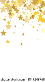 Gold Background. Yellow, Golden and Gold Stars on White Background. Vector Colorful Stars Confetti Isolated on White Background. Stars Confetti Fall From Top To Bottom. Postcard Vertical Design.