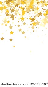 Gold Background. Yellow, Golden and Gold Stars on White Background. Vector Colorful Stars Confetti Isolated on White Background. Stars Confetti Fall From Top To Bottom. Postcard Vertical Design.
