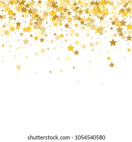 Gold Background. Yellow, Golden and Gold Stars on White Background. Vector Colorful Stars Confetti Isolated on White Background. Stars Confetti Fall From Top To Bottom. Postcard Square Design.