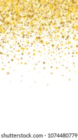 Gold Background. Yellow, Golden and Gold Stars on White Background. Vector Colorful Stars Confetti Isolated on White Background. Stars Confetti Fall From Top To Bottom. Postcard Vertical Design.