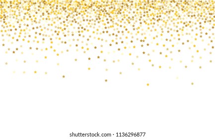 Gold Background. Yellow, Golden and Gold Stars on White Background. Vector Colorful Stars Confetti Isolated on White Background. Stars Confetti Fall From Top To Bottom. Postcard Horizontal Design.