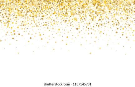 Gold Background. Yellow, Golden and Gold Stars on White Background. Vector Colorful Stars Confetti Isolated on White Background. Stars Confetti Fall From Top To Bottom. Postcard Horizontal Design.