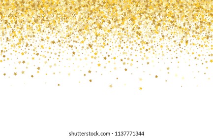 Gold Background. Yellow, Golden and Gold Stars on White Background. Vector Colorful Stars Confetti Isolated on White Background. Stars Confetti Fall From Top To Bottom. Postcard Horizontal Design.