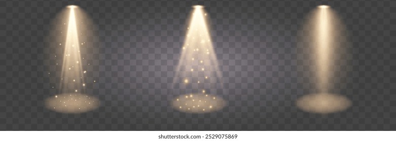 Efecto de retroiluminación dorado. Diseño de luces de escenario o focos brillantes. Efecto brillo. Las lámparas brillan sobre un fondo transparente.