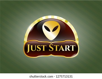  Gold badge with alien icon and Just Start text inside