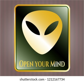  Gold badge with alien icon and Open your Mind text inside