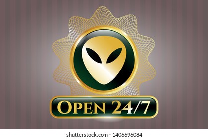  Gold badge with alien icon and Open 24/7 text inside