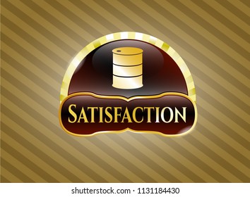  Gold badge with barrel icon and Satisfaction text inside