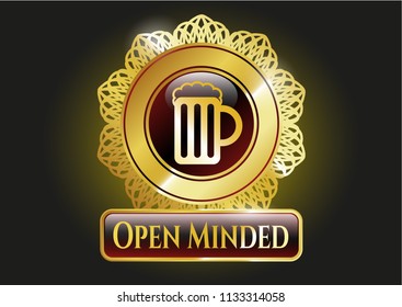  Gold badge with beer jar icon and Open Minded text inside
