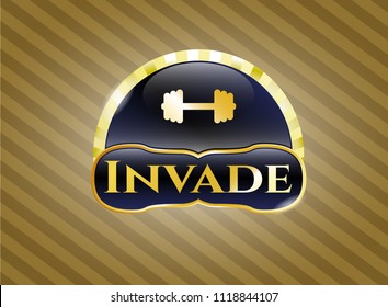  Gold badge with big dumbbell icon and Invade text inside