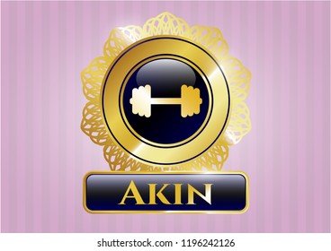  Gold badge with big dumbbell icon and Akin text inside