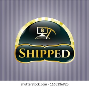  Gold badge with bitcoin mining icon and Shipped text inside