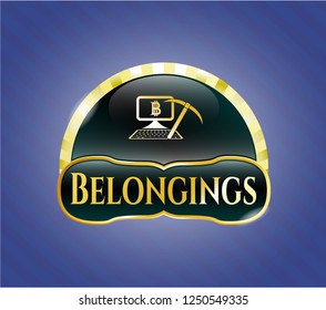  Gold badge with bitcoin mining icon and Belongings text inside