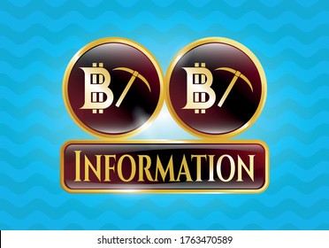 Insignia de oro con icono de minería de bitcoin y texto de información dentro