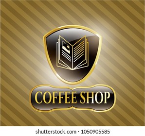  Gold badge with book icon and Coffee Shop text inside