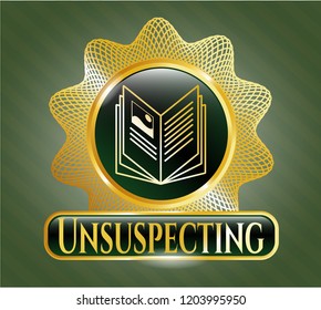  Gold badge with book icon and Unsuspecting text inside