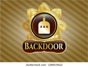  Gold badge with bottle of alcohol icon and Backdoor text inside