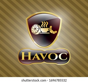  Gold badge with breakfast  icon and Havoc text inside