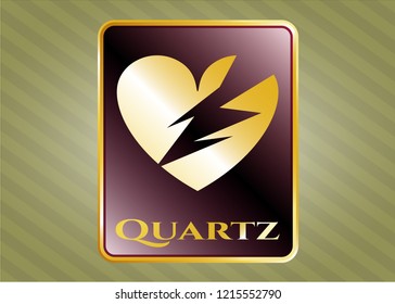  Gold badge with broken heart icon and Quartz text inside