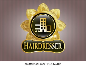  Gold badge with buildings icon and Hairdresser text inside