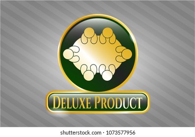   Gold badge with business meeting teamwork icon and Deluxe Product text inside