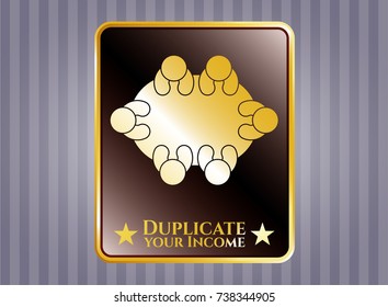 Gold badge with business meeting teamwork icon and Duplicate your Income text inside