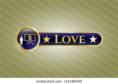  Gold badge with business presentation icon and Love text inside