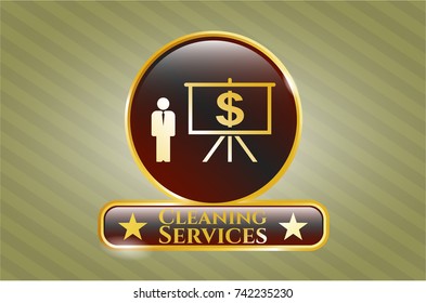  Gold badge with business presentation icon and Cleaning Services text inside