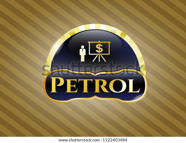  Gold badge with business presentation icon and\
Petrol text inside