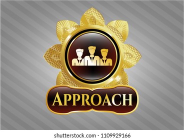   Gold badge with business teamwork icon and Approach text inside