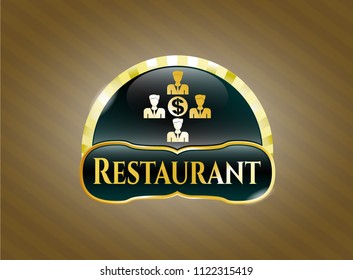  Gold badge with business teamwork and money icon and Restaurant text inside