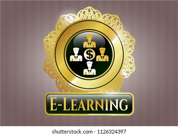  Gold badge with business teamwork and money icon and E-Learning text inside