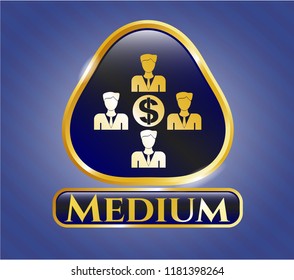  Gold badge with business teamwork and money icon and Medium text inside