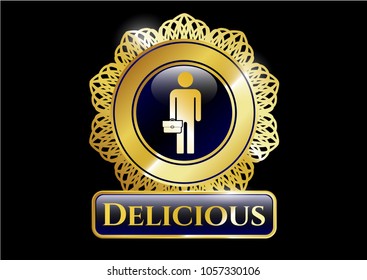  Gold badge with businessman holding briefcase icon and Delicious text inside