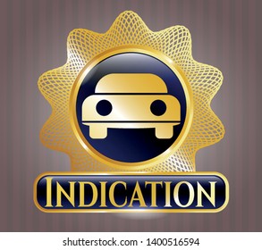  Gold badge with car seen from front icon and Indication text inside