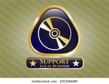   Gold badge with CD or DVD disc icon and Support Local Business text inside