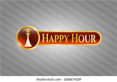    Gold badge with chess king icon and Happy Hour text inside