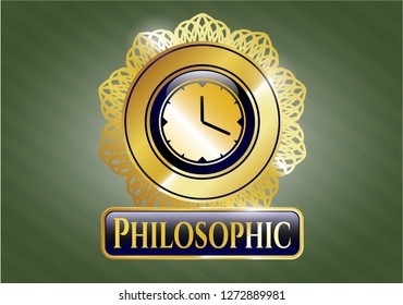 Gold badge with clock, time icon and Philosophic text inside