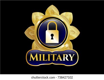  Gold badge with closed lock icon and Military text inside