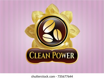  Gold badge with coffee bean icon and Clean Power text inside