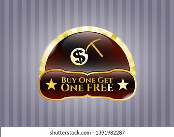  Gold badge with cryptocurrency mining icon and Buy one get One Free text inside