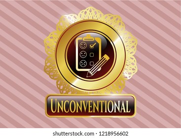  Gold badge with customer feedback icon and Unconventional text inside