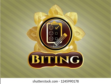  Gold badge with customer feedback icon and Biting text inside