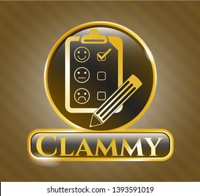  Gold badge with customer feedback icon and Clammy text inside