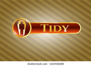  Gold badge with dead man in his coffin icon and Tidy text inside