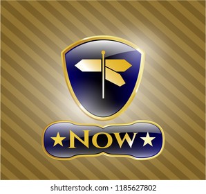  Gold badge with directions sign icon and Now text inside